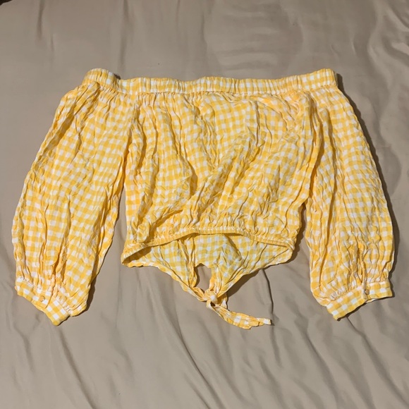 Forever 21 Yellow + White Checkered Off Shoulder Top - Picture 5 of 5